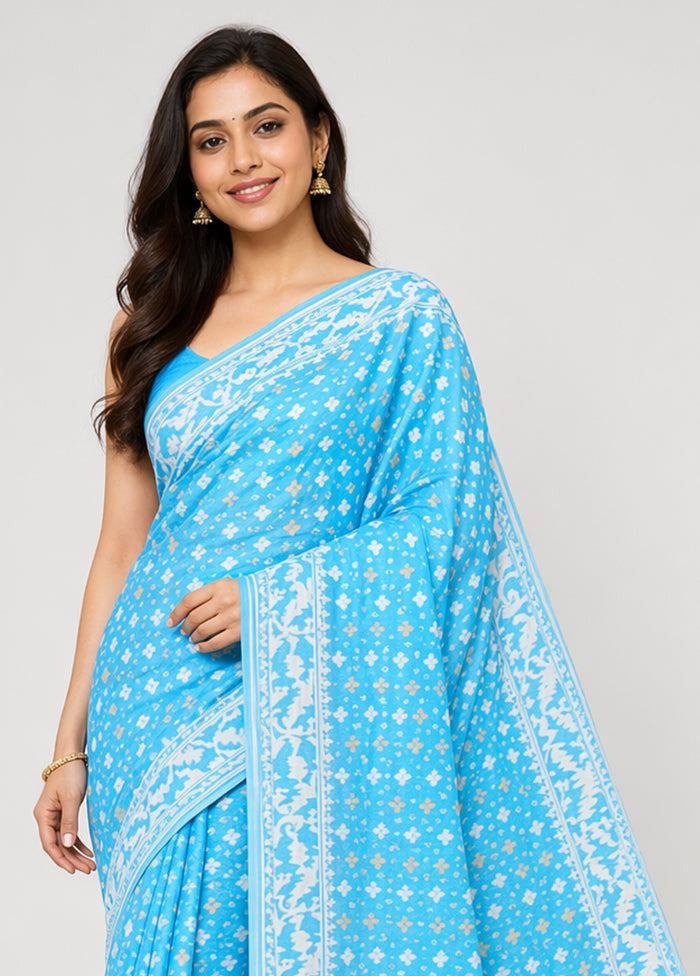Blue Kora Silk Saree With Blouse Piece