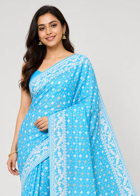 Blue Kora Silk Saree With Blouse Piece