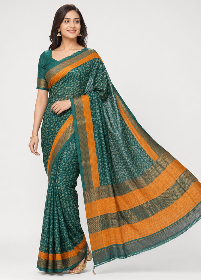 Green Handloom Tussar Pure Silk Saree With Blouse Piece