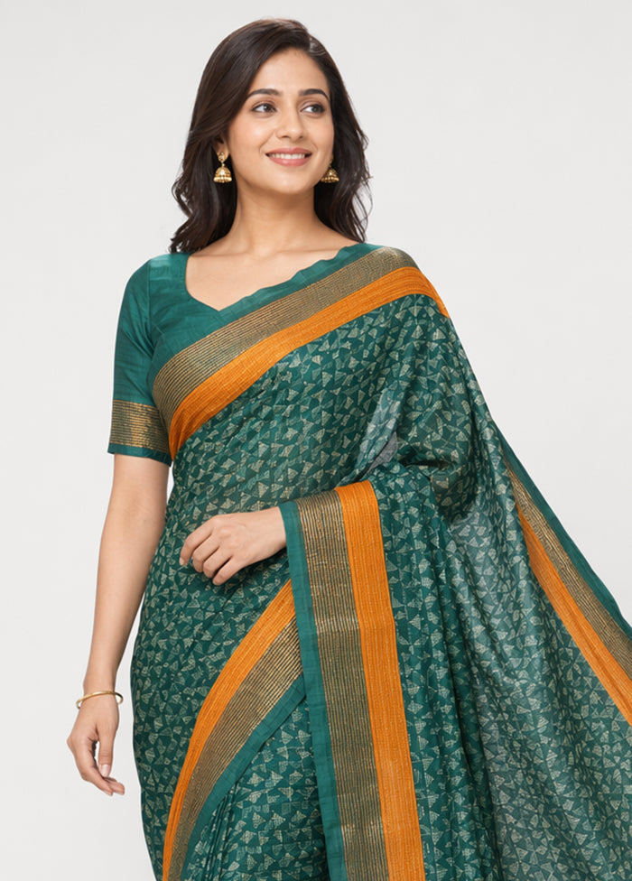 Green Handloom Tussar Pure Silk Saree With Blouse Piece