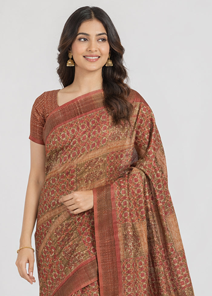 Cream Handloom Tussar Pure Silk Saree With Blouse Piece