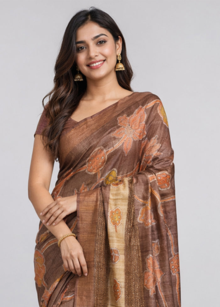 Rust Handloom Tussar Pure Silk Saree With Blouse Piece