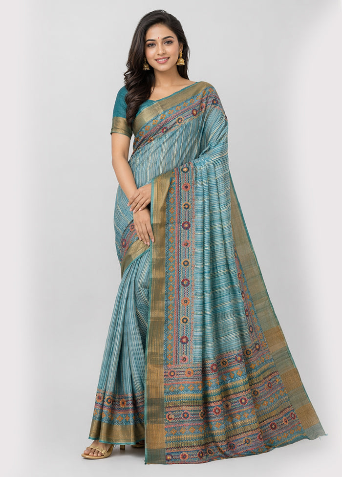Blue Handloom Tussar Pure Silk Saree With Blouse Piece