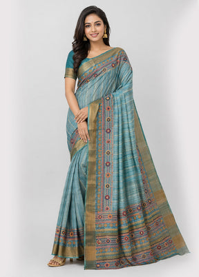 Blue Handloom Tussar Pure Silk Saree With Blouse Piece