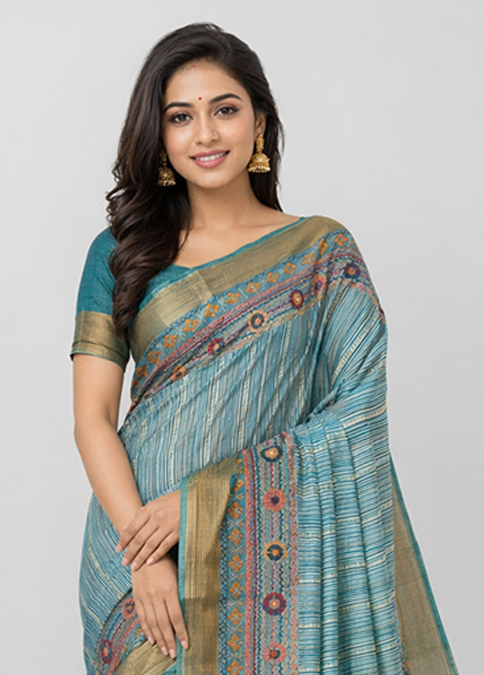 Blue Handloom Tussar Pure Silk Saree With Blouse Piece