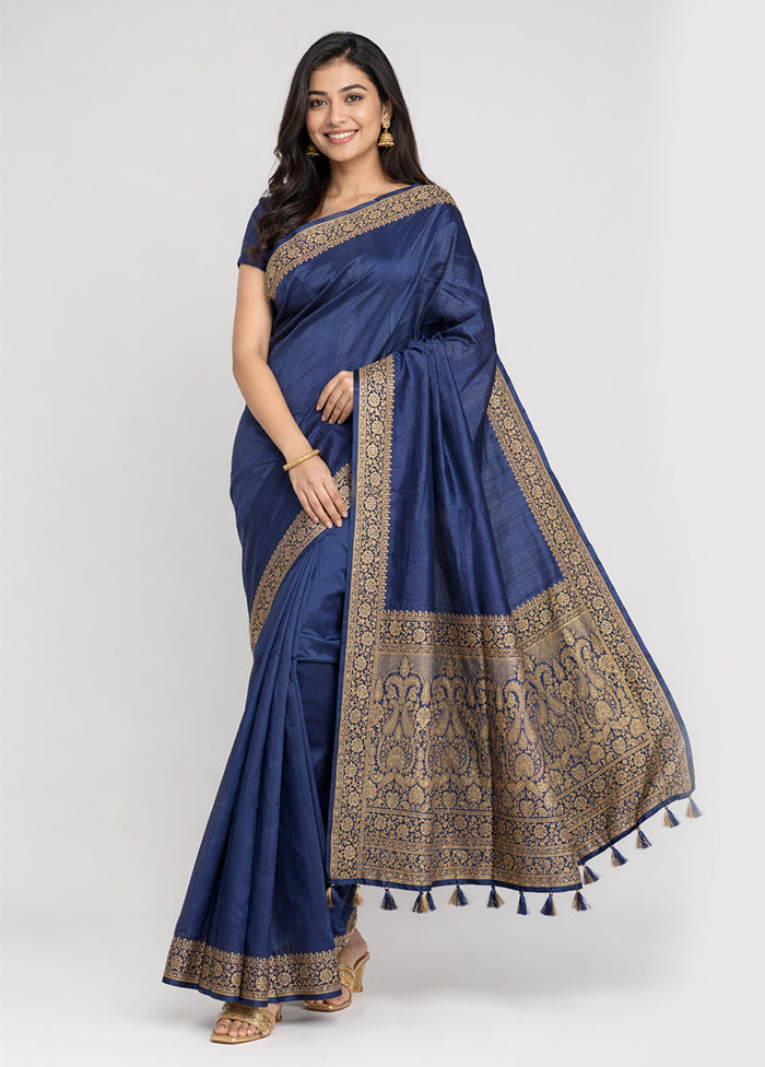 Blue Dupion Silk Saree With Blouse Piece