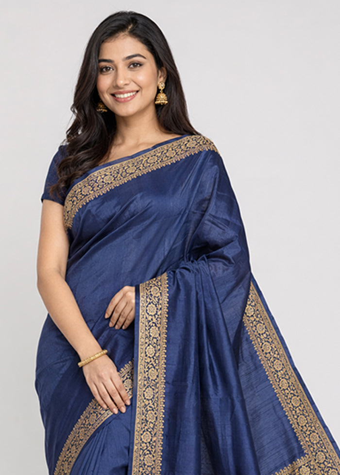 Blue Dupion Silk Saree With Blouse Piece