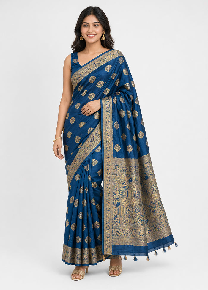 Blue Dupion Silk Saree With Blouse Piece