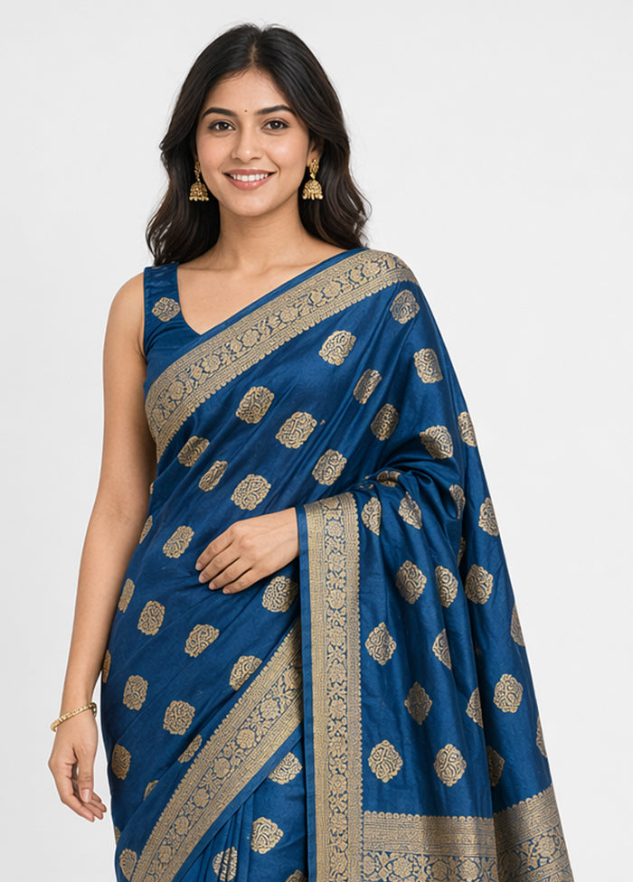 Blue Dupion Silk Saree With Blouse Piece