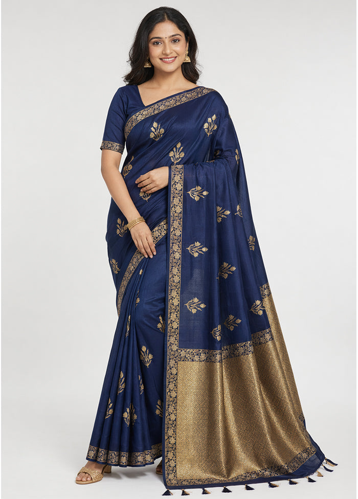 Blue Dupion Silk Saree With Blouse Piece
