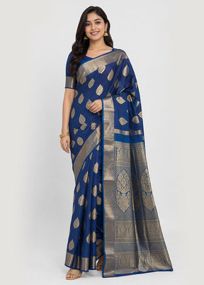 Blue Handloom Kanjivaram Pure Silk Saree With Blouse Piece