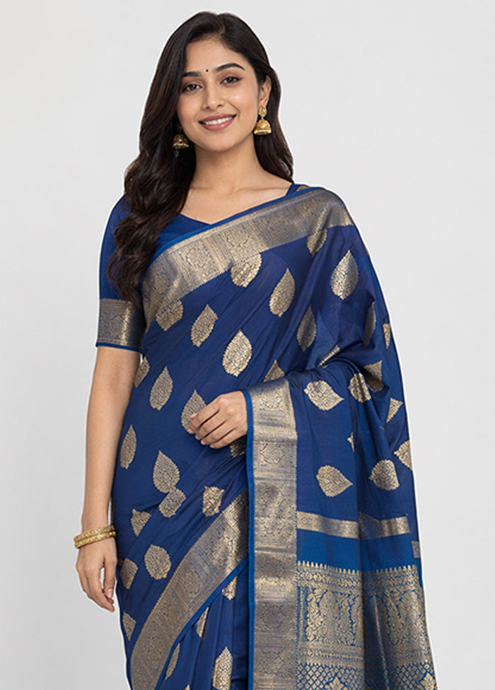 Blue Handloom Kanjivaram Pure Silk Saree With Blouse Piece