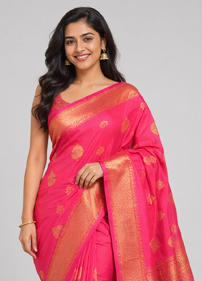 Pink Handloom Kanjivaram Pure Silk Saree With Blouse Piece