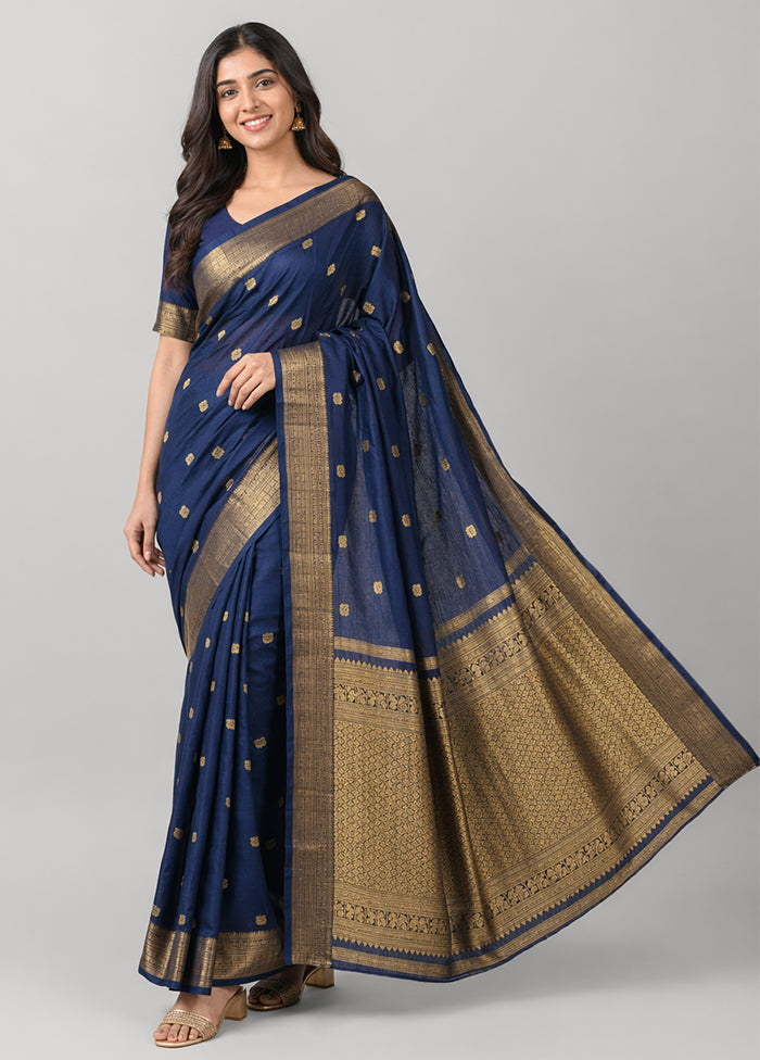 Blue Handloom Kanjivaram Pure Silk Saree With Blouse Piece