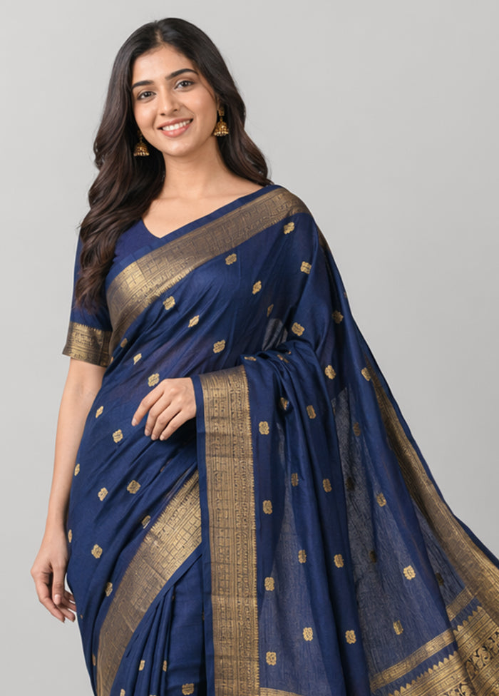Blue Handloom Kanjivaram Pure Silk Saree With Blouse Piece