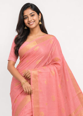 Pink Handloom Kanjivaram Pure Silk Saree With Blouse Piece