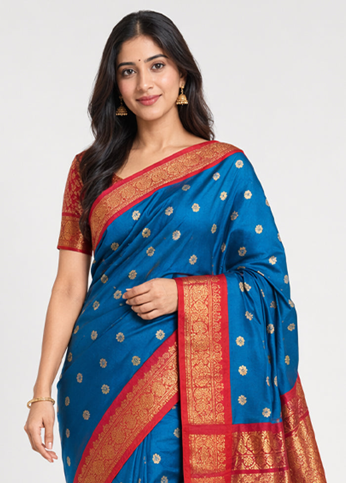 Blue Kanjivaram Silk Saree With Blouse Piece