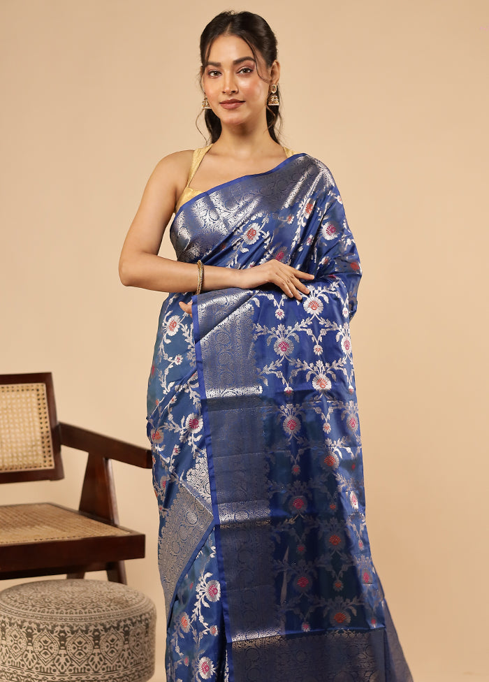 Blue Dupion Silk Saree With Blouse Piece