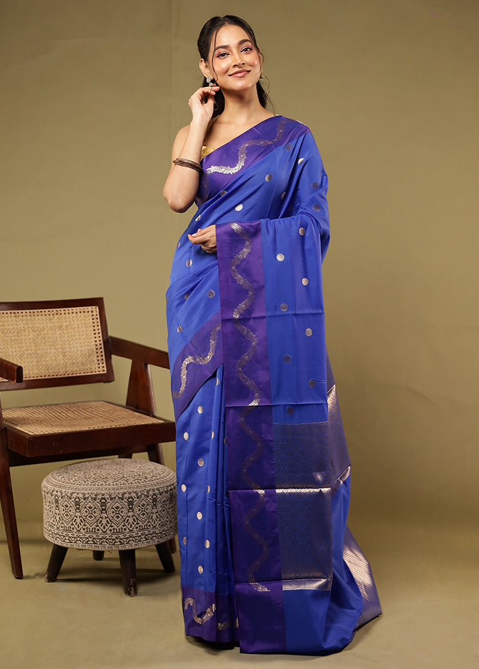 Blue Dupion Silk Saree With Blouse Piece