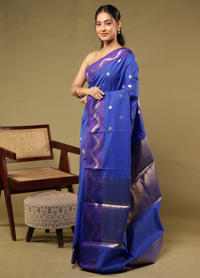 Blue Dupion Silk Saree With Blouse Piece