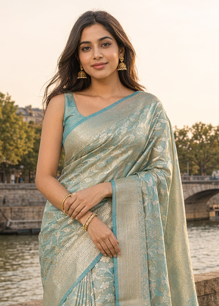 Blue Tissue Silk Saree With Blouse Piece