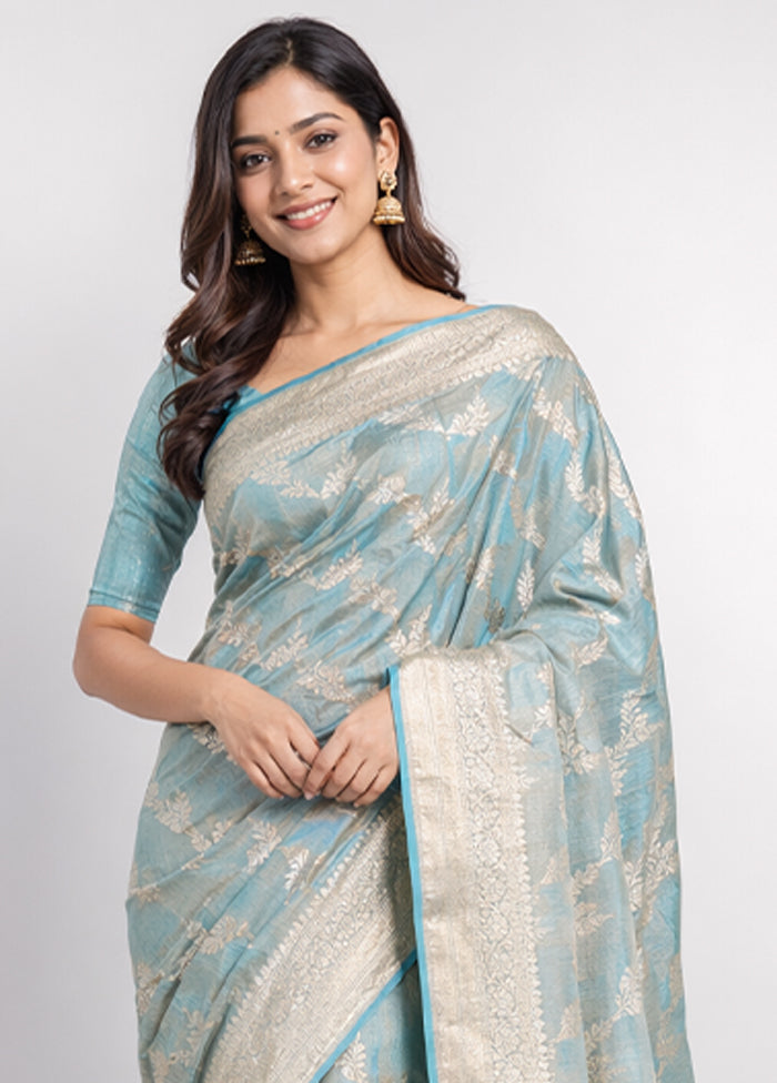 Blue Tissue Silk Saree With Blouse Piece
