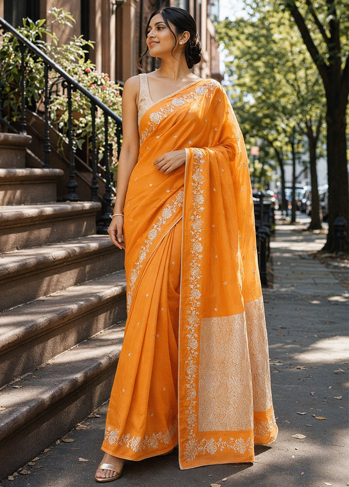 Orange Tissue Silk Saree With Blouse Piece