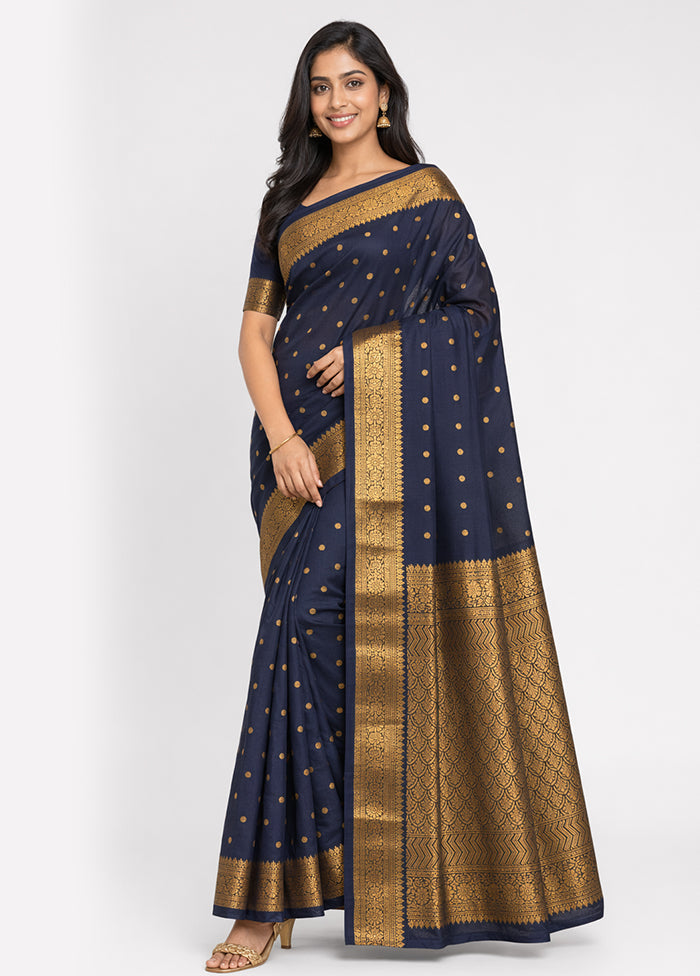 Blue Handloom Kanchipuram Pure Silk Saree With Blouse Piece
