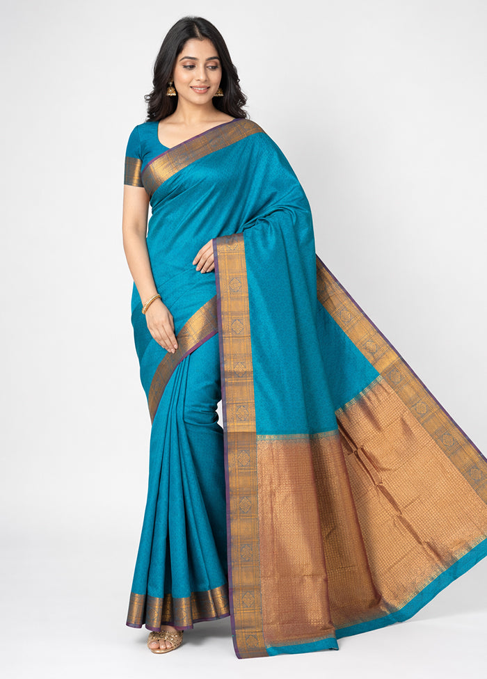 Blue Handloom Kanjivaram Pure Silk Saree With Blouse Piece