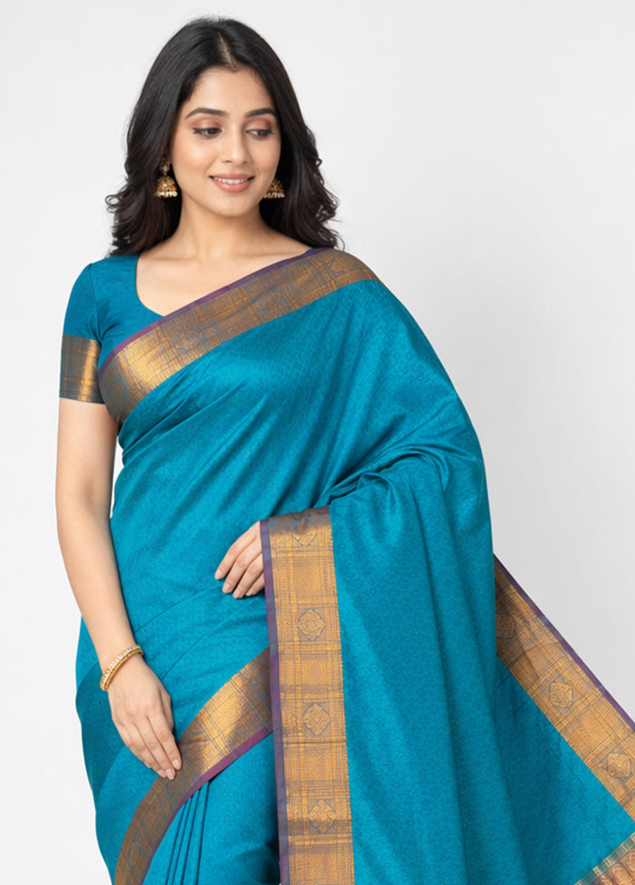 Blue Handloom Kanjivaram Pure Silk Saree With Blouse Piece