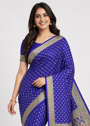 Blue Handloom Banarasi Pure Silk Saree With Blouse Piece