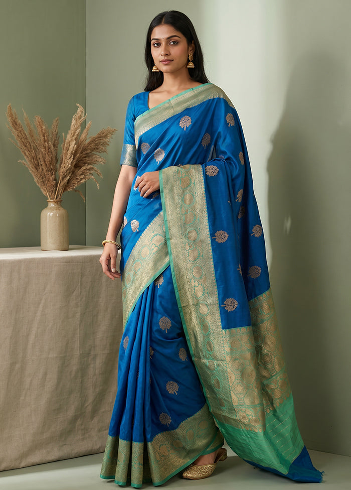 Blue Handloom Katan Pure Silk Saree With Blouse Piece