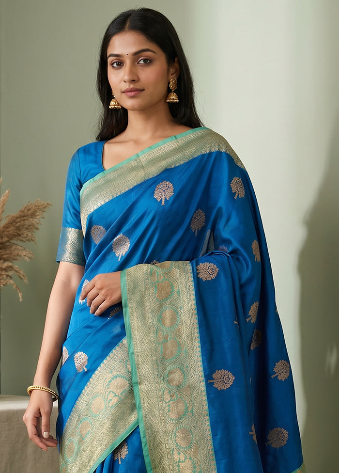 Blue Handloom Katan Pure Silk Saree With Blouse Piece