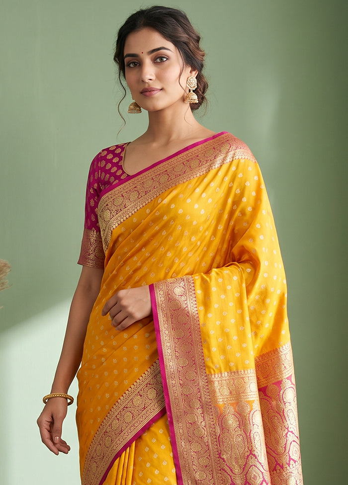 Yellow Banarasi Silk Saree With Blouse Piece