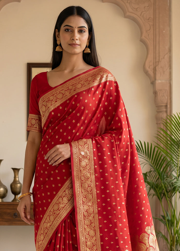 Red Handloom Banarasi Pure Silk Saree With Blouse Piece
