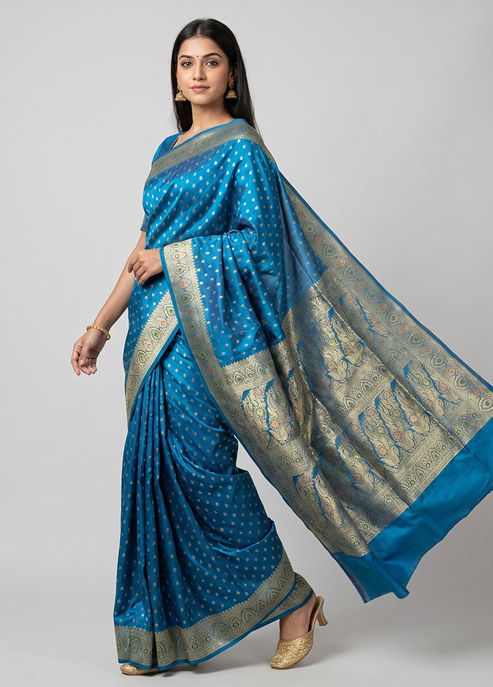 Blue Handloom Banarasi Pure Silk Saree With Blouse Piece