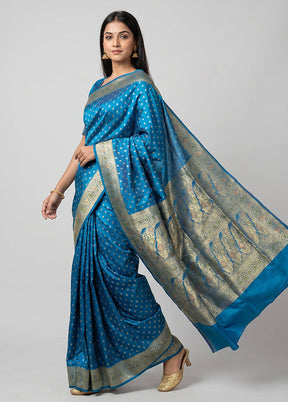 Blue Handloom Banarasi Pure Silk Saree With Blouse Piece