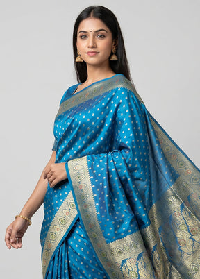 Blue Handloom Banarasi Pure Silk Saree With Blouse Piece