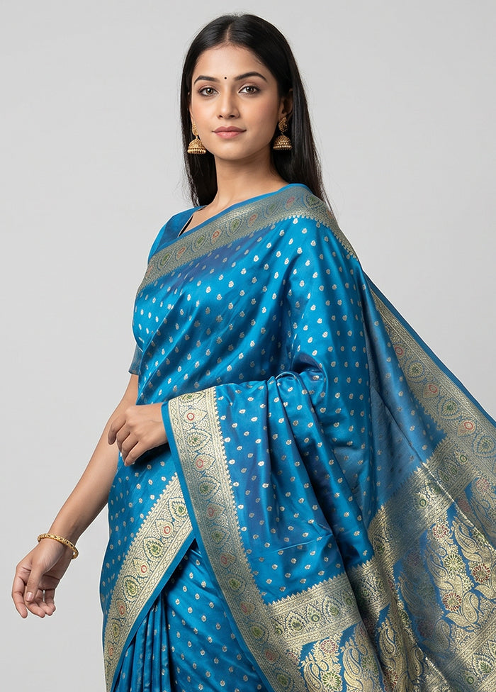 Blue Handloom Banarasi Pure Silk Saree With Blouse Piece