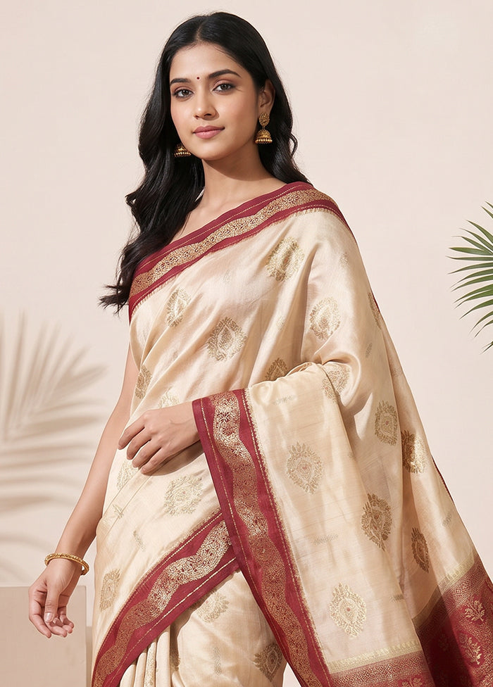 Cream Handloom Dupion Pure Silk Saree With Blouse Piece