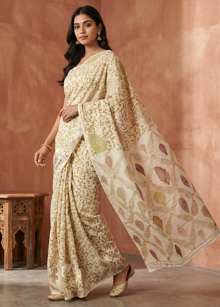 Cream Printed Pure Silk Saree Without Blouse Piece