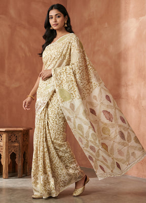 Cream Printed Pure Silk Saree Without Blouse Piece