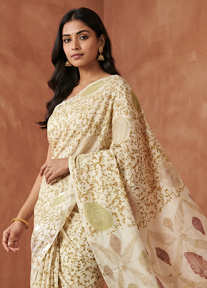 Cream Printed Pure Silk Saree Without Blouse Piece