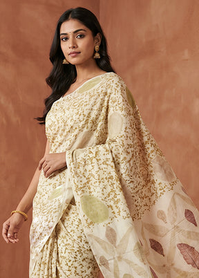 Cream Printed Pure Silk Saree Without Blouse Piece