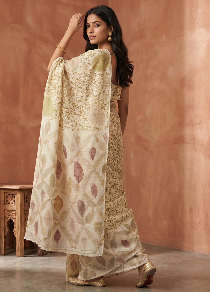 Cream Printed Pure Silk Saree Without Blouse Piece