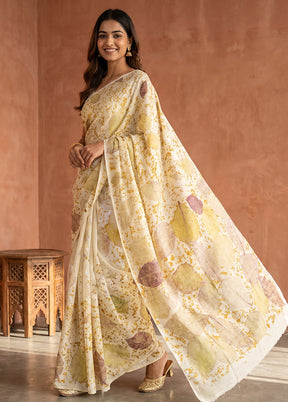 Cream Printed Pure Silk Saree Without Blouse Piece