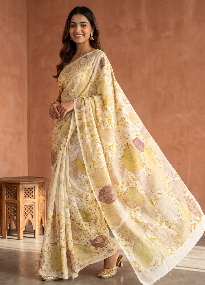 Cream Printed Pure Silk Saree Without Blouse Piece