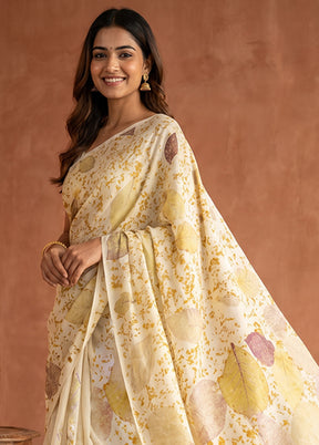 Cream Printed Pure Silk Saree Without Blouse Piece