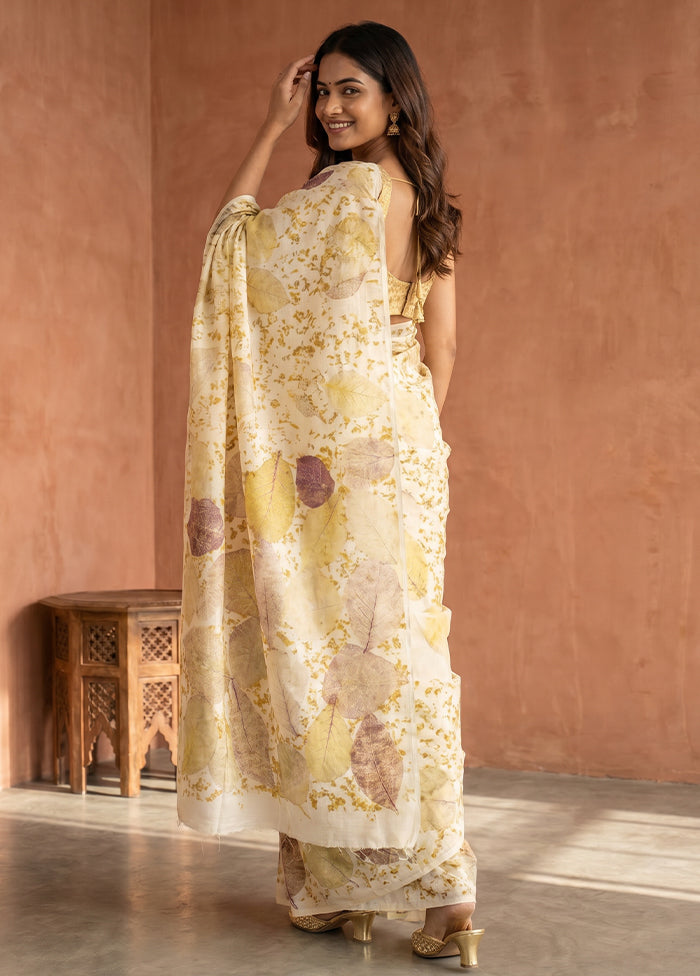 Cream Printed Pure Silk Saree Without Blouse Piece