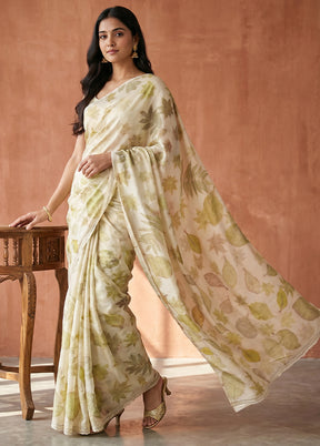 Cream Printed Pure Silk Saree Without Blouse Piece